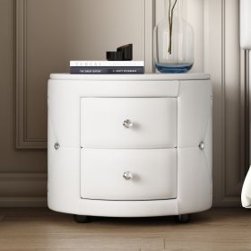 Elegant PU Nightstand with 2 Drawers and Crystal Handle,Fully Assembled Except Legs&Handles,Storage Bedside Table - White