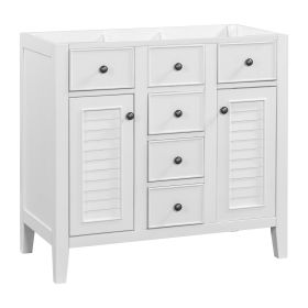 36" Bathroom Vanity without Sink, Cabinet Base Only, Two Cabinets and Five Drawers, Solid Wood Frame, White