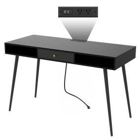 Mid Century Desk with USB Ports and Power Outlet, Modern Writing Study Desk with Drawers, Multifunctional Home Office Computer Desk Black