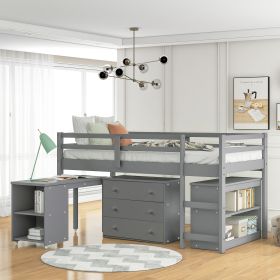 Low Study Twin Loft Bed with Cabinet and Rolling Portable Desk (Color: Gray)