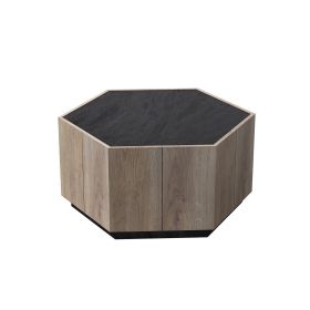 WESOME Hexagonal Rural Style Garden Retro Living Room Coffee Table with 2 drawers, Textured Black + Warm Oak (Color: Grey Cement + Light Brown)